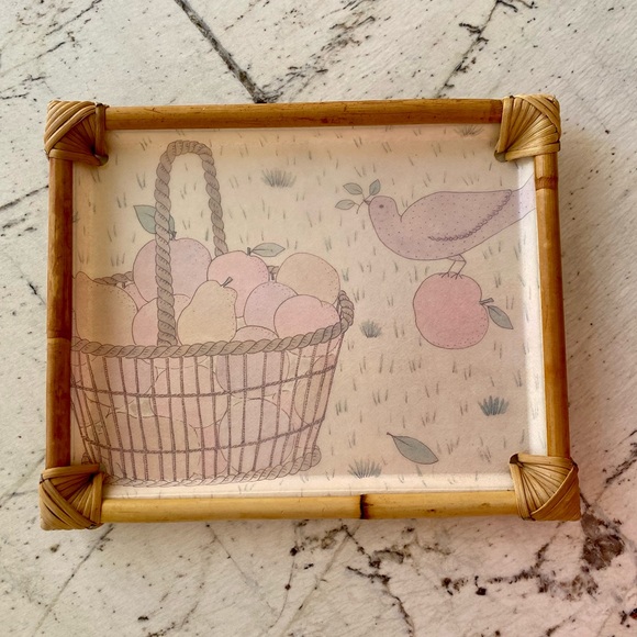 Alpac Vintage 80s Fiberglass Bamboo Tray Pastel Apples Basket Bird Design - Picture 11 of 14
